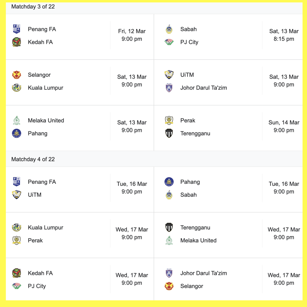 Liga Super Malaysia 2021 Jadual Penuh Perlawanan
